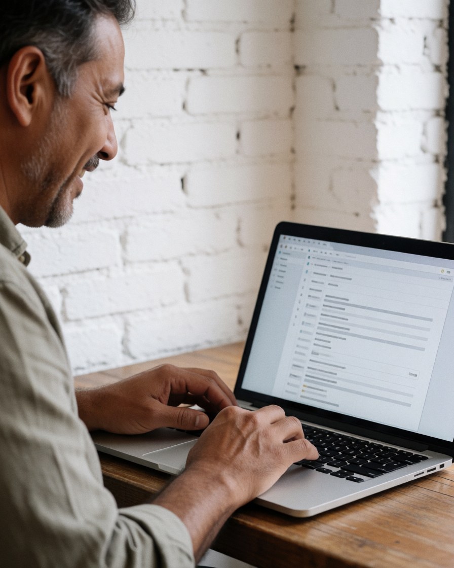 A happy customer smiles while working on a laptop at a wooden table in a relaxed cafe with a white brick wall.
