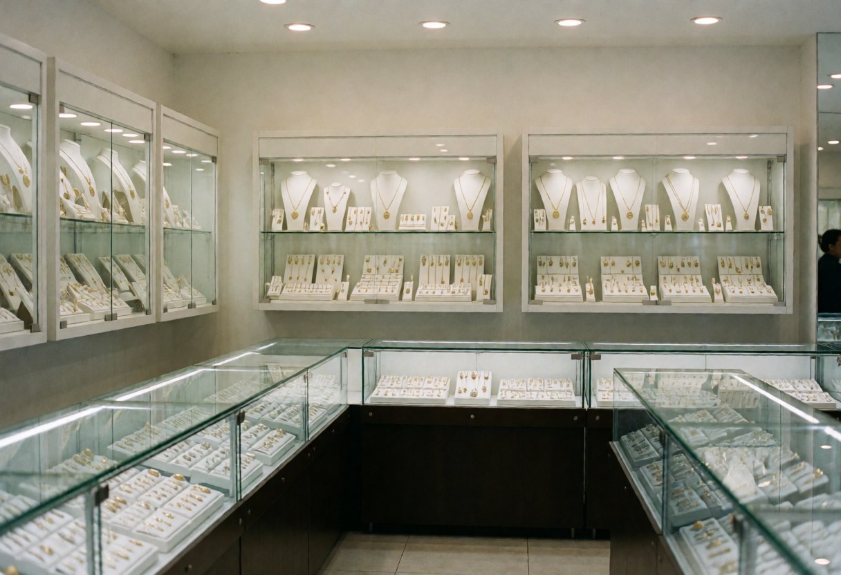 Interior of a jewelry store featuring bright display cases filled with gold and silver necklaces, rings, and earrings in a clean and organized setting