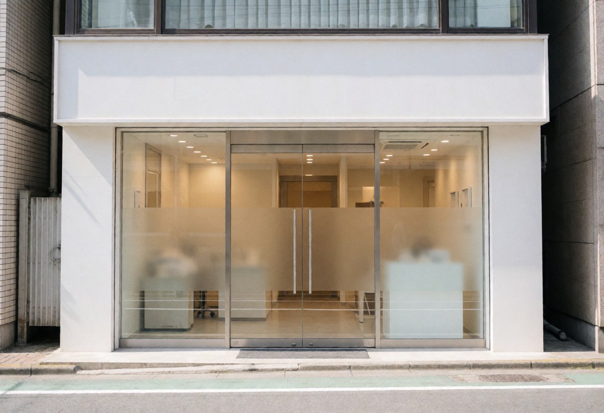 Modern dental clinic exterior featuring glass doors, warm lighting, and a visible interior for business identity