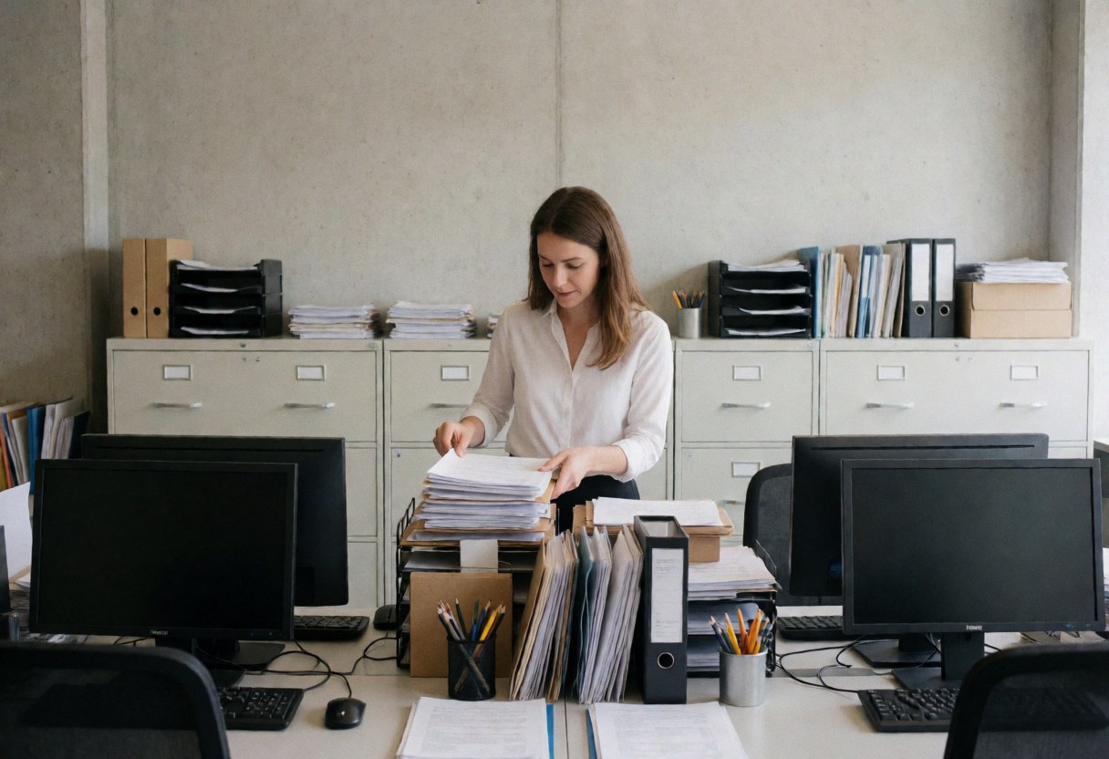 A manager organizing documents in a professional office with computers, filing cabinets, and concrete walls.