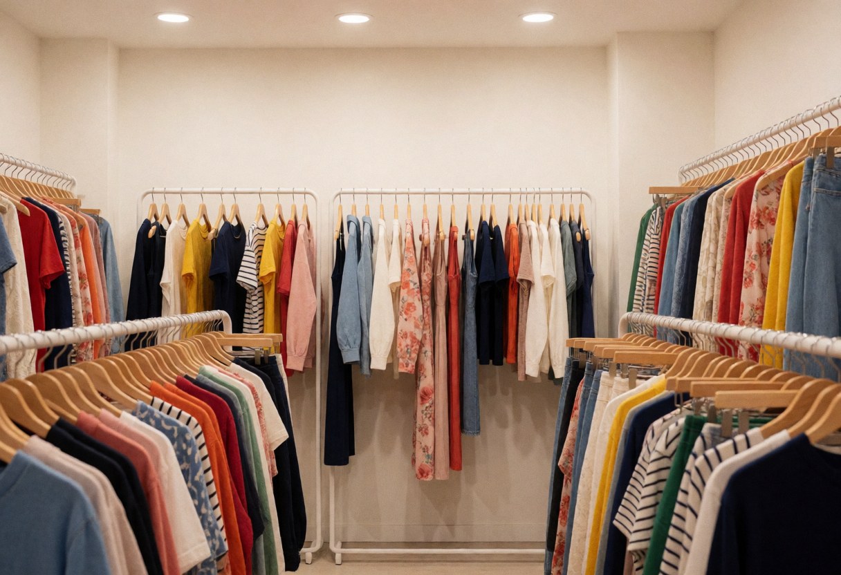 Organized retail clothing aisle featuring colorful apparel on hangers, bright lighting, and warm white walls for product display