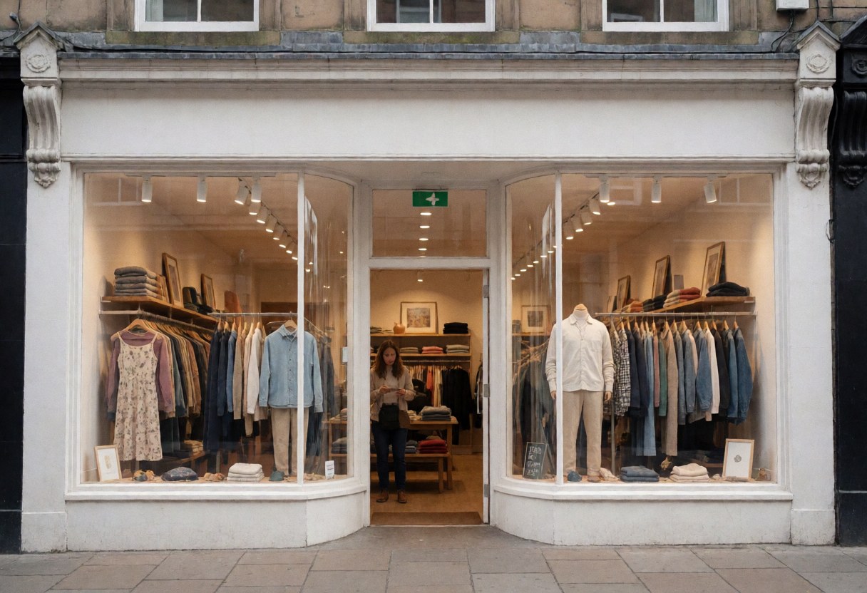 Clothing store entrance featuring a fashion window display, mannequins, visible garments, and warm inviting interior lighting.