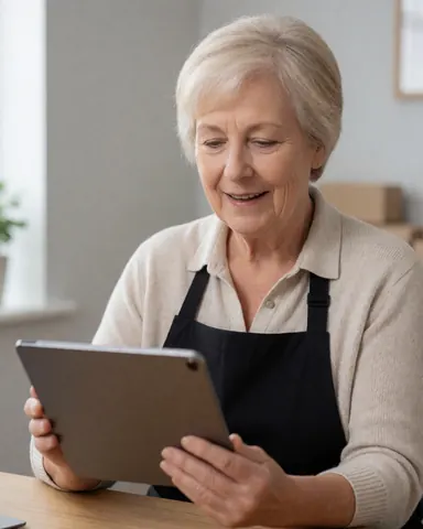 A senior woman wearing an apron reviews a tablet in a cozy office with gray walls and soft lighting, suitable for catering business use.