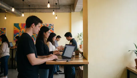 Diverse professionals using laptops at desks in a bright coworking office with yellow walls, hanging lights, and wall art.