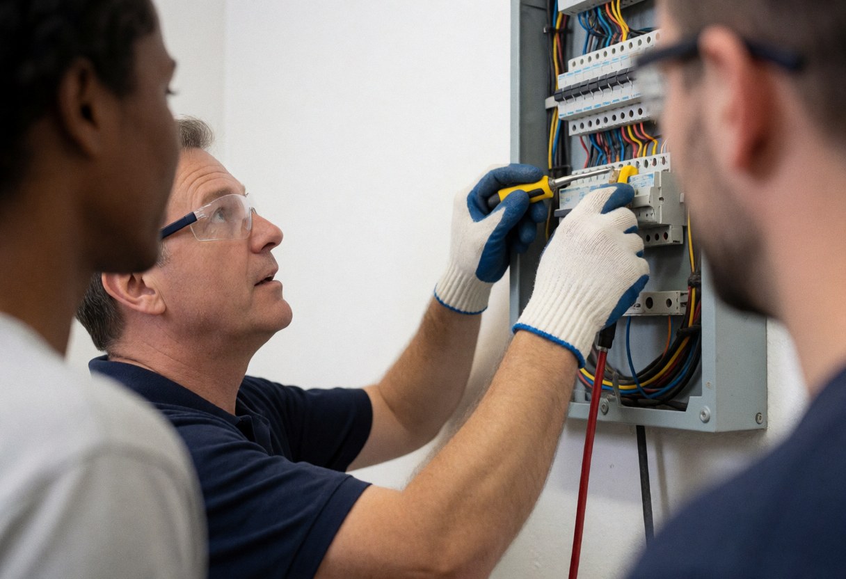 An electrician wearing safety gear adjusts cables in an electrical panel while two clients observe closely against a white wall.