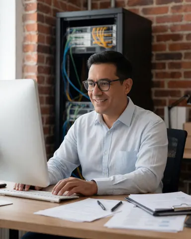 Man wearing glasses smiling while working on a computer at his desk with servers and cables in the background against a brick wall in a professional office setting