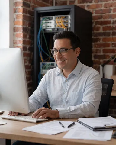 Man wearing glasses smiling while working on a computer at his desk with servers and cables in the background against a brick wall in a professional office setting