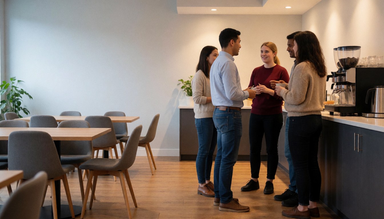 People talking near a coffee bar in a modern coworking area with tables, chairs, gray walls, and warm lighting.