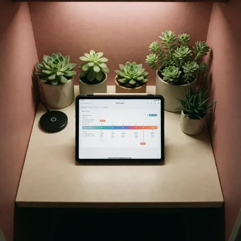 A coworking workspace featuring a tablet displaying a project, surrounded by green succulents and pink walls for comfortable private work.