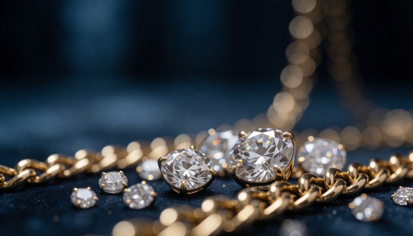 Gleaming diamonds and gold chains displayed against a dark background with dramatic lighting, suitable for jewelry advertising.
