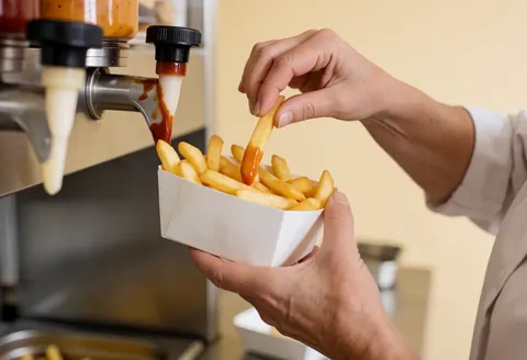 Close-up of a cook's hands using a sauce dispenser to add condiments to french fries in a fast food restaurant kitchen.