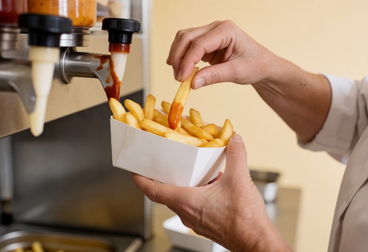 Close-up of a cook's hands using a sauce dispenser to add condiments to french fries in a fast food restaurant kitchen.