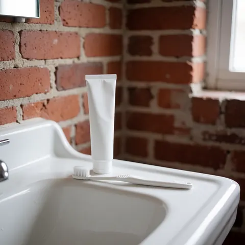 New toothbrush and toothpaste tube on a white sink with a red brick wall background, lit by soft natural light, clean and minimalist scene for oral hygiene.