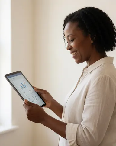 A professional woman smiles while reviewing a financial report on a tablet in a bright office with natural light.