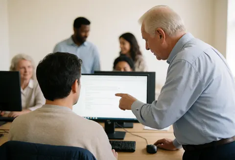 An IT support technician points to a computer monitor while helping a client in a clean, professional office environment with other employees in the background.