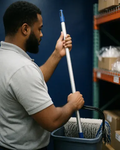 Professional cleaner holding a mop and bucket in an industrial warehouse with shelves and bright lighting in blue and gray tones