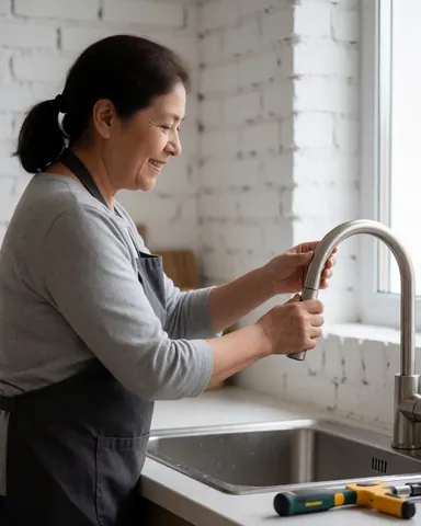 A smiling woman installs a new kitchen faucet, satisfied with the result. White brick wall, natural light from the window, tools on the counter.