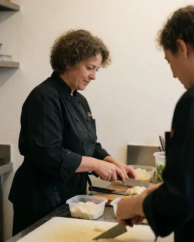 A professional female chef in a modern white kitchen looks directly at the camera, ready for catering services.