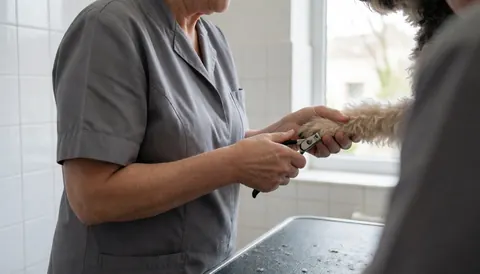 A groomer in a gray uniform trims a dog's nails with scissors in a tiled salon with natural light