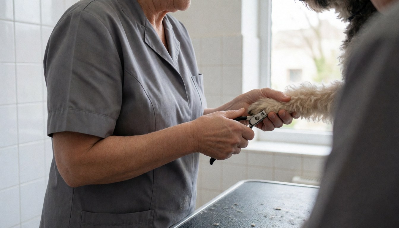 A groomer in a gray uniform trims a dog's nails with scissors in a tiled salon with natural light