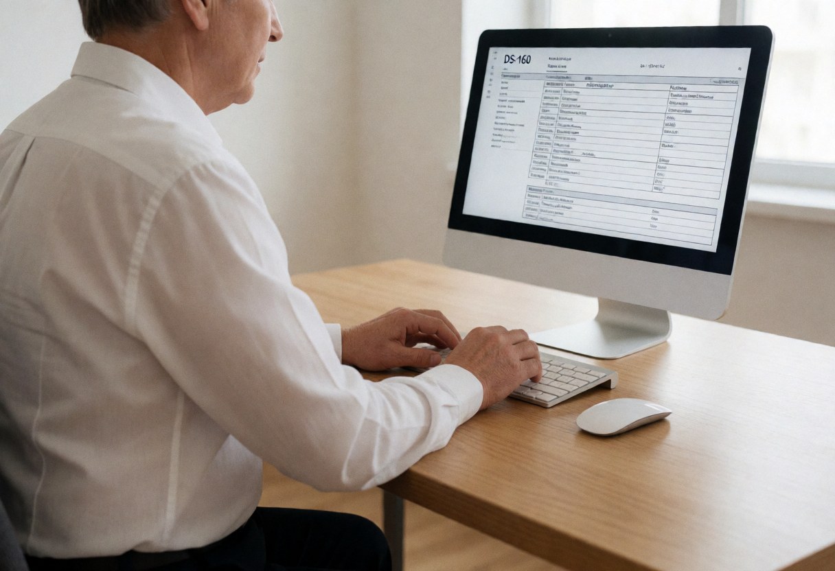 Travel agent in white shirt working on DS-160 form at wooden desk in bright office