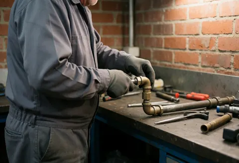 A plumber wearing gloves adjusts a bronze pipe in a workshop with brick walls and tools nearby under professional lighting.