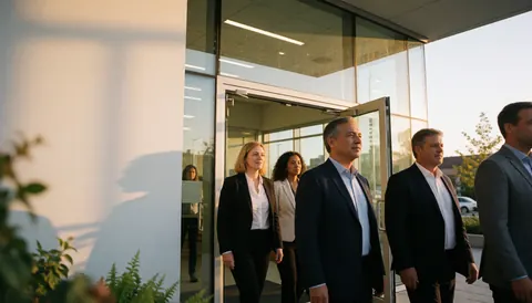A group of professionals in formal attire walking towards the glass entrance of a modern university building under golden sunlight