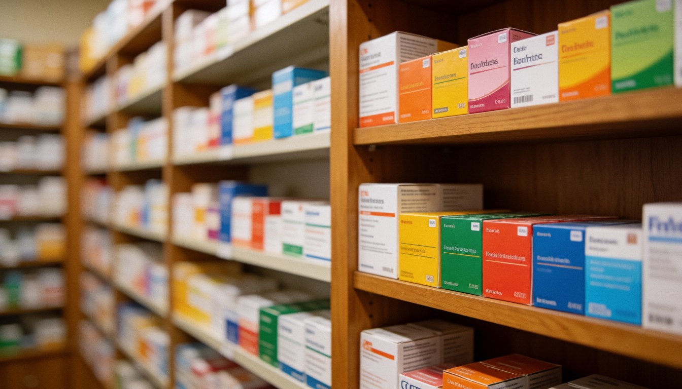 Blurred background of pharmacy shelves stocked with medicine boxes and products, featuring warm inviting colors suitable for health and wellness text overlays