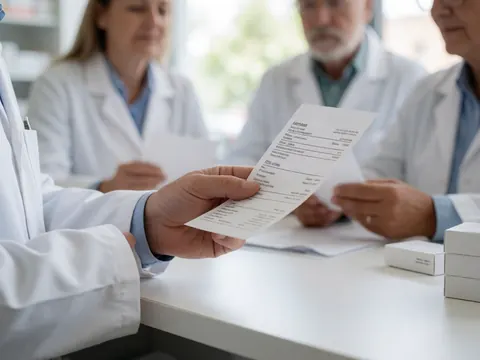 Close-up of a pharmacist's hand holding a prescription with a blurred background of other pharmacists, clean white desk, natural light, professional and realistic.