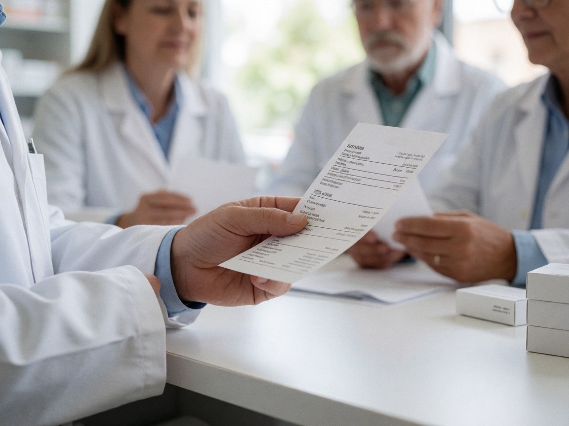 Close-up of a pharmacist's hand holding a prescription with a blurred background of other pharmacists, clean white desk, natural light, professional and realistic.