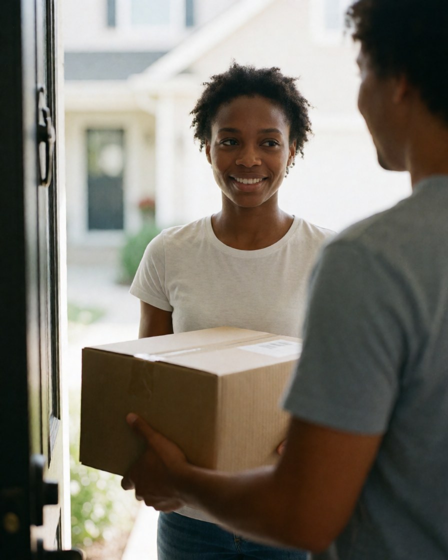 A smiling person standing at the front door receiving a delivery package, showing satisfaction with the logistics service