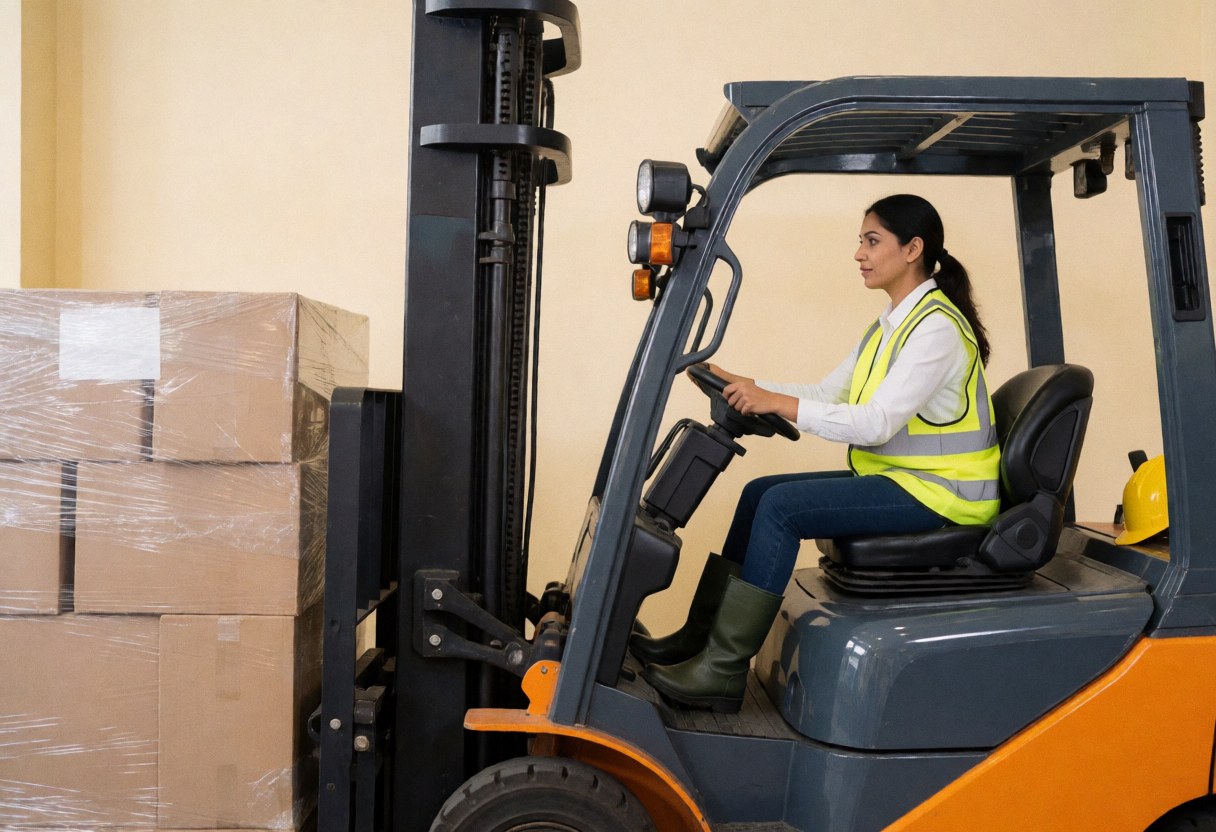A woman in a reflective vest and yellow hard hat operates a forklift in an industrial warehouse, moving cargo boxes.