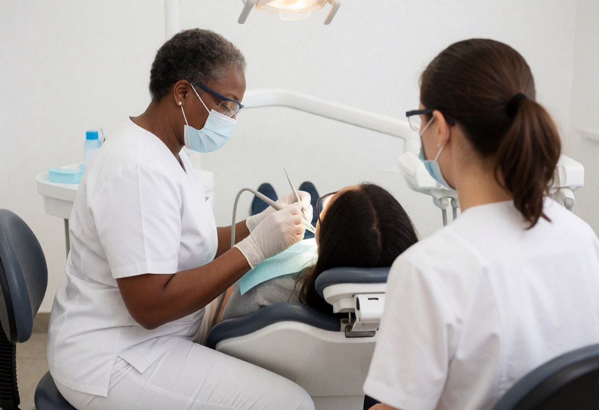 A masked dentist wearing gloves performs a dental cleaning on a patient in a modern clinic while another person observes the procedure.
