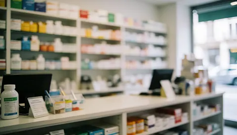 Pharmacy background featuring shelves stocked with medicine bottles and boxes, a service counter, and a computer, ideal for text overlay.