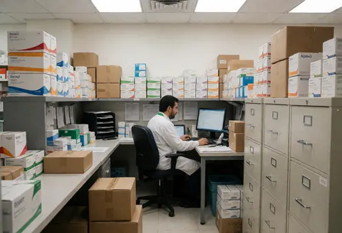 A tidy pharmacy back office featuring a desk, computer, shelves, and stacked medication boxes in a professional setting