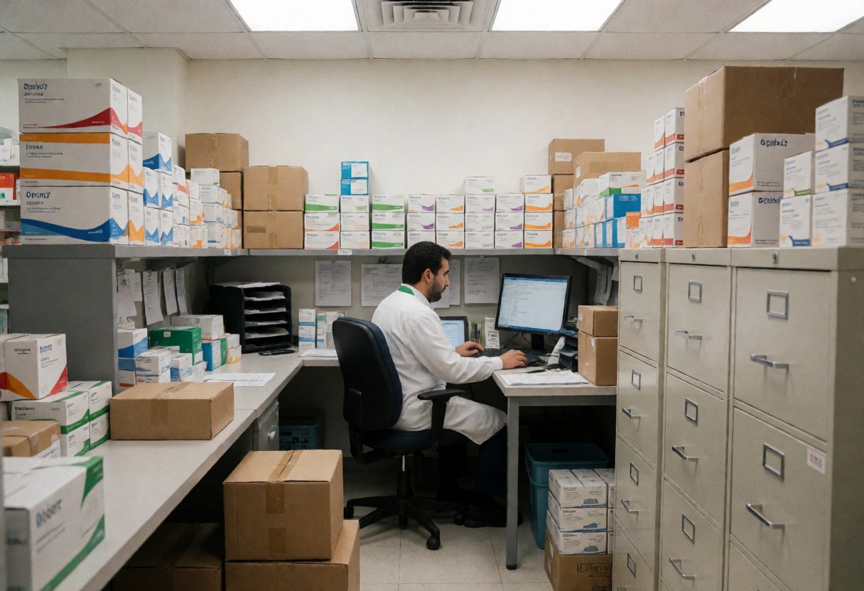 A tidy pharmacy back office featuring a desk, computer, shelves, and stacked medication boxes in a professional setting