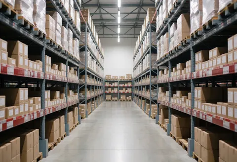 Clean and organized warehouse aisles featuring tall metal shelving units stacked with uniform cardboard boxes under bright LED lighting, ideal for logistics and distribution operations.