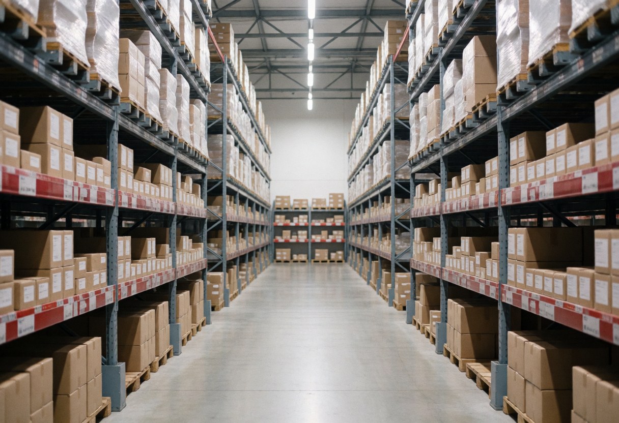 Clean and organized warehouse aisles featuring tall metal shelving units stacked with uniform cardboard boxes under bright LED lighting, ideal for logistics and distribution operations.