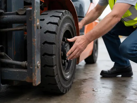 Worker in safety gear checking a forklift tire on a wet concrete floor with visible water droplets and industrial details.