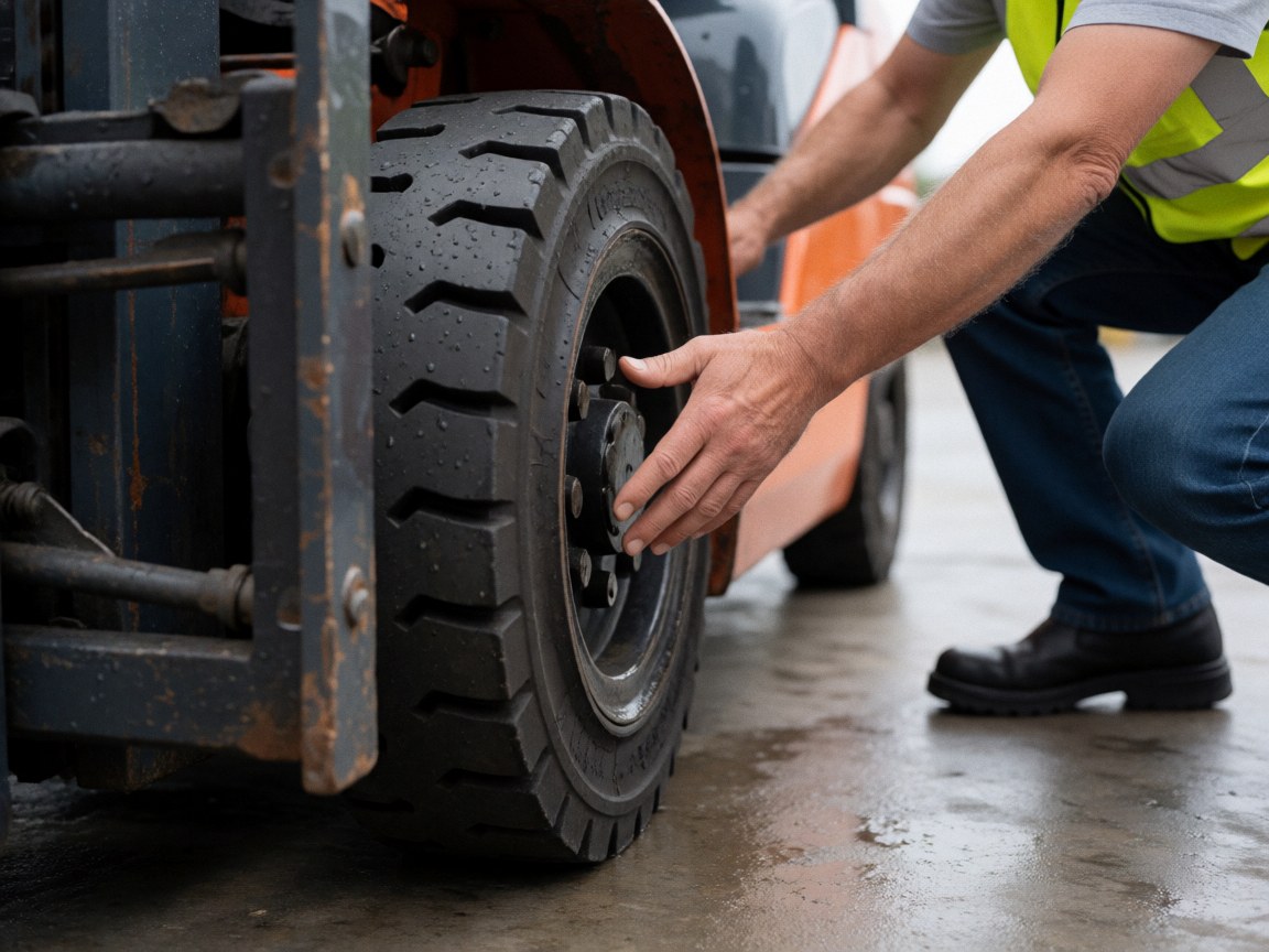 Worker in safety gear checking a forklift tire on a wet concrete floor with visible water droplets and industrial details.