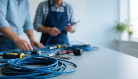 A blurred background featuring blue electrical cables and various tools, suitable for text overlay in professional electrician business contexts