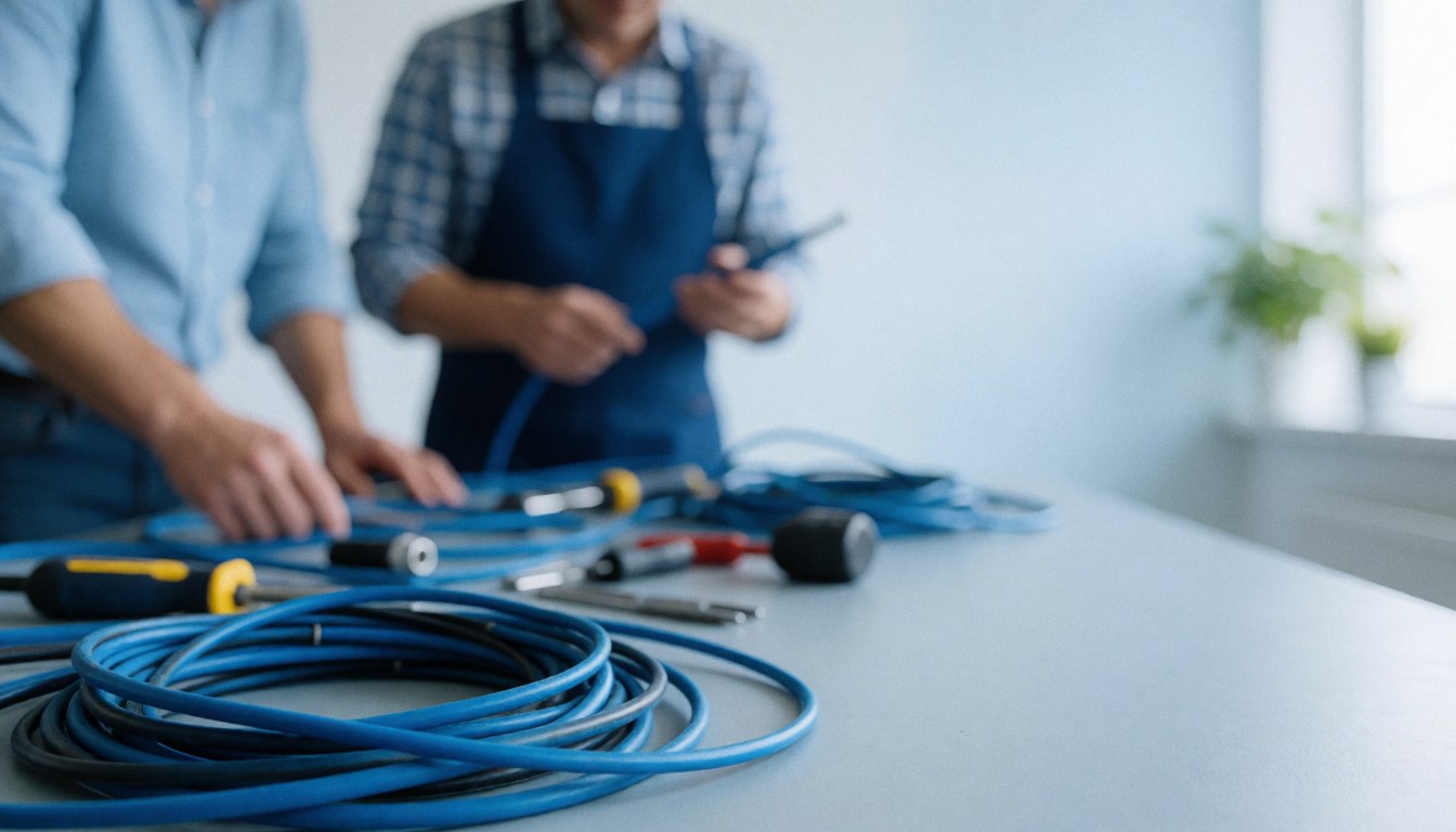 A blurred background featuring blue electrical cables and various tools, suitable for text overlay in professional electrician business contexts