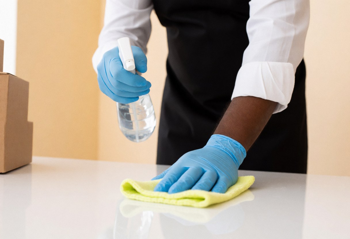A professional cleaner wearing gloves wipes down a desk surface during an office cleaning service to ensure hygiene and cleanliness
