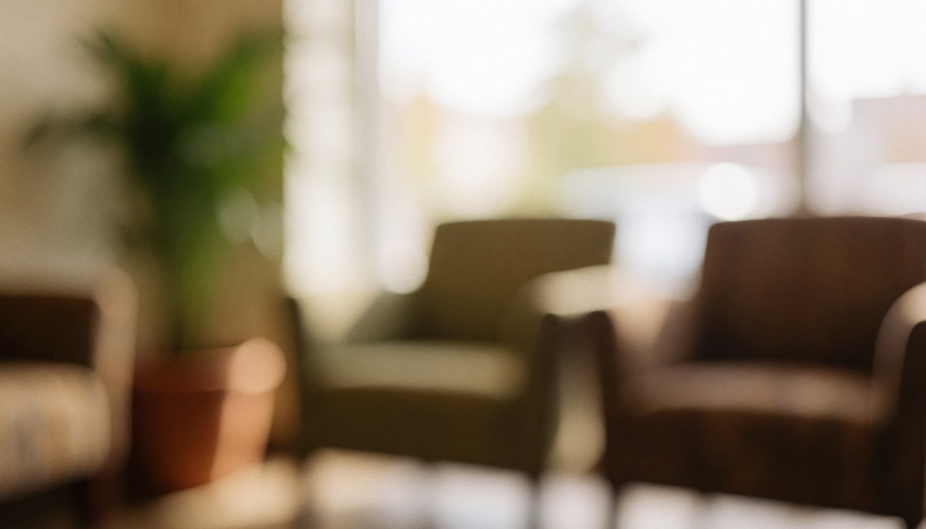 Comfortable chairs and a potted plant in a waiting area with warm lighting and soft bokeh, ideal for insurance or financial services text backgrounds.