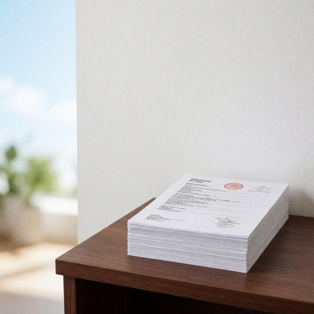 Neatly stacked insurance policy documents with red seals arranged on a clean wooden office desk against a white background
