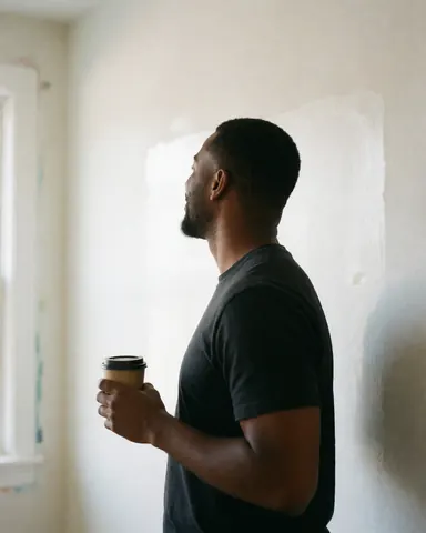 Profile view of a man in dark clothing holding a coffee cup while looking at a newly painted wall in a bright, relaxed interior space.