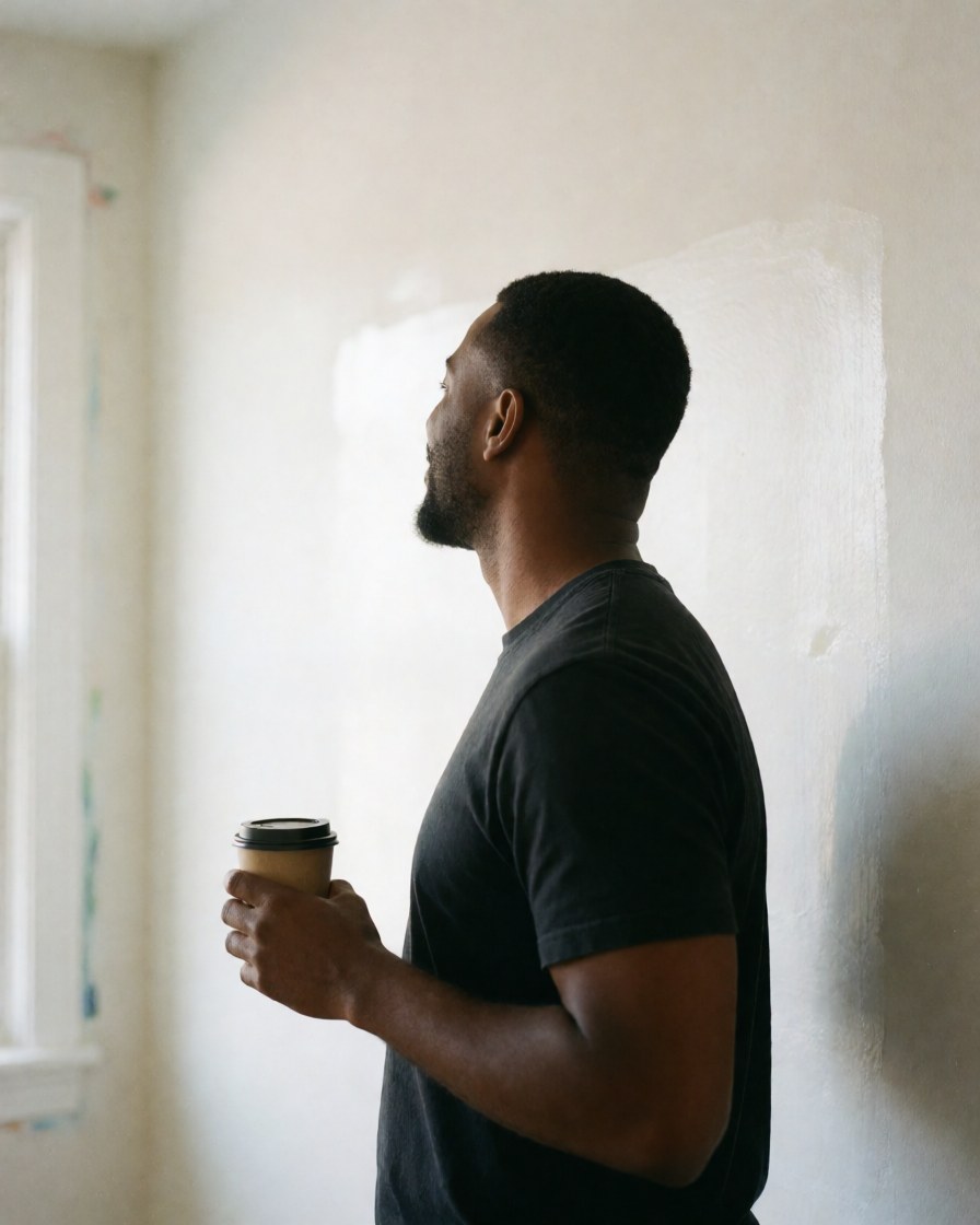 Profile view of a man in dark clothing holding a coffee cup while looking at a newly painted wall in a bright, relaxed interior space.