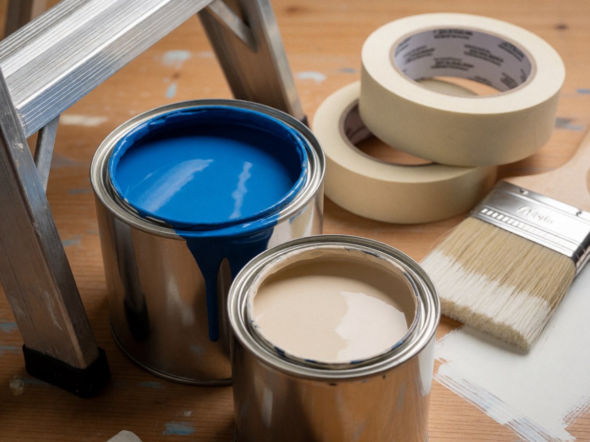 Close-up view of professional paint supplies arranged on a wooden surface, showing organized tools and materials for house painting projects.