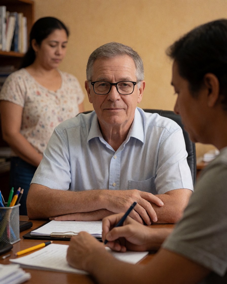An older administrator with glasses reviews paperwork while a student signs a document and a woman observes in the background.