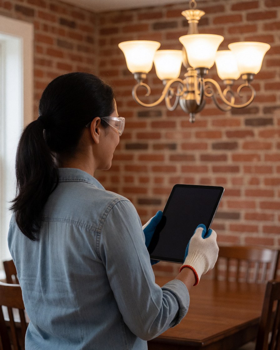 A smiling woman wearing glasses and gloves holds a tablet to control smart lighting in a cozy dining room with a chandelier and brick wall.